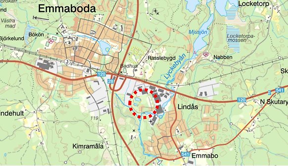 Kartbild som visar planområdets läge mellan Emmaboda och Lindås.